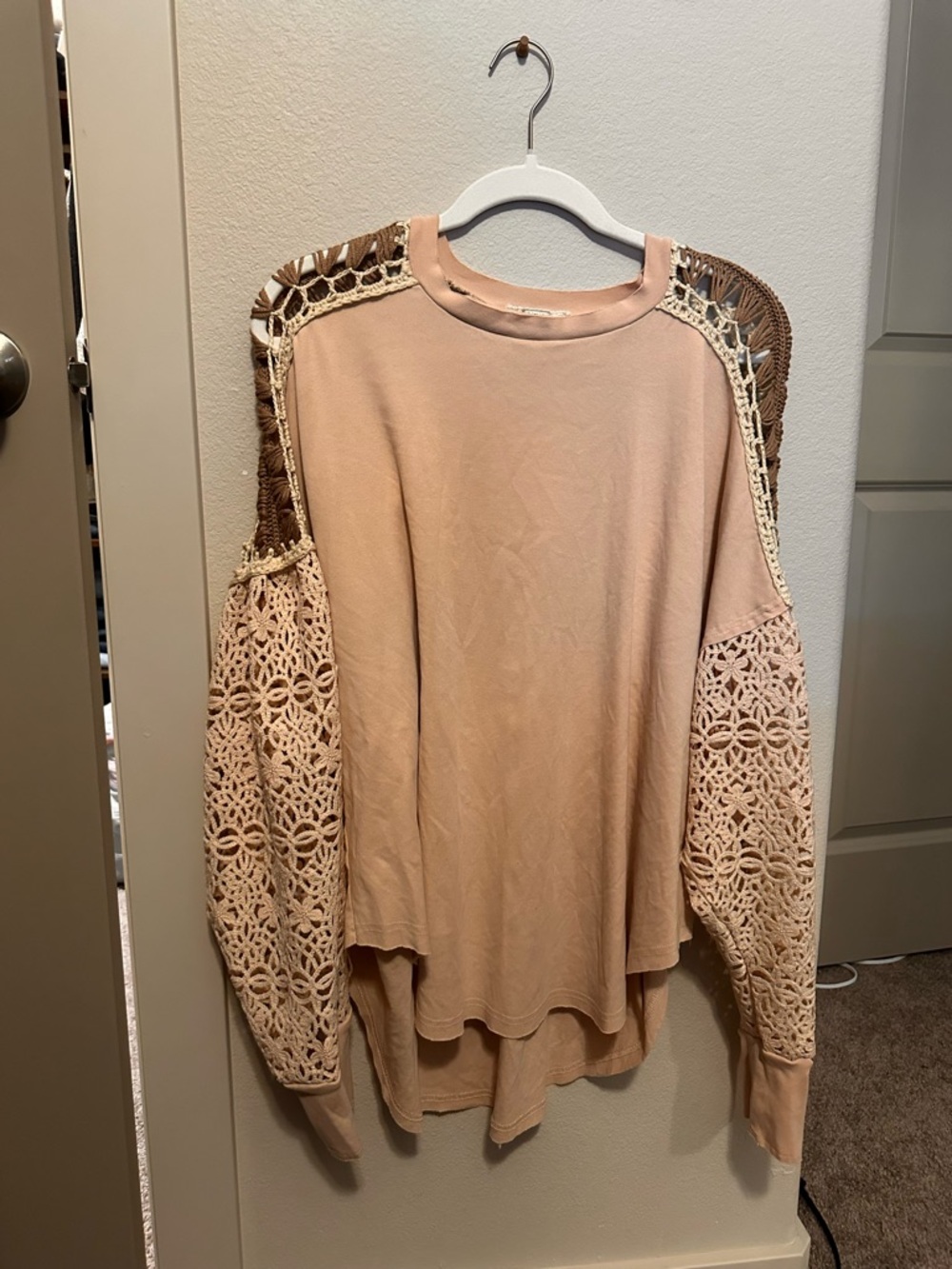 gimmicks by BKE Blush Pullover with Crochet Lace Sleeves
